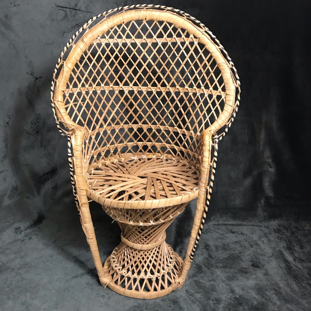 Rattan Peacock Chair Doll Furniture Plant Stand Vintage Miniature Wicker 16"